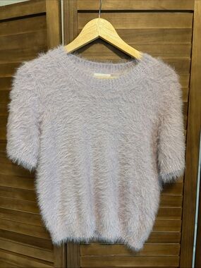 Evereve Fuzzy Short-Sleeve Crew Sweater in Pale Lilac Silver Shimmer